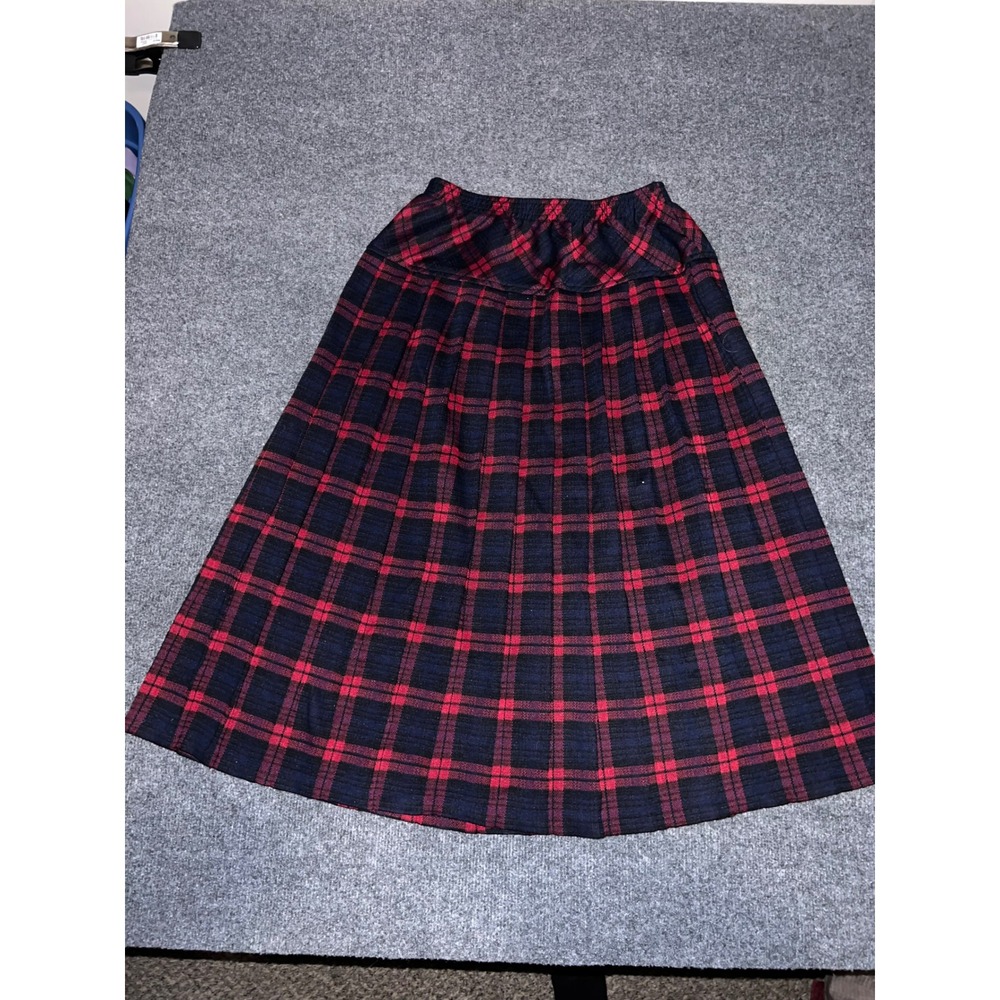 Alfred Dunner Red Navy Blue Plaid Pleated Midi Skirt Size 12 Made in USA